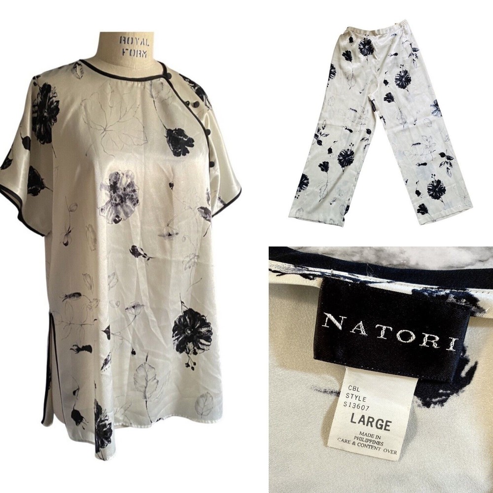 Natori Pajama Set Size L Satin Kimono Top Pants Black & White Floral